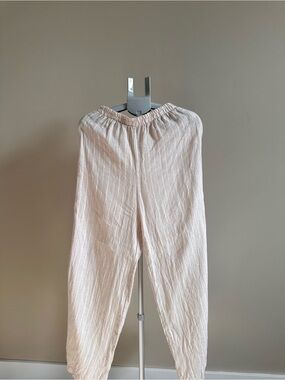 Women's Light Beige Elastic-Waist Linen-Trousers